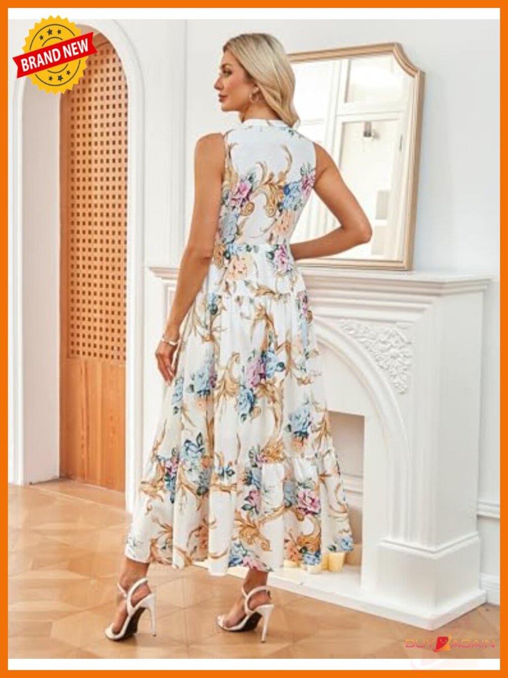 Sleeveless Floral Maxi Dress V Neck Hidden Button Down Pockets Vacation - Picture 2 of 6
